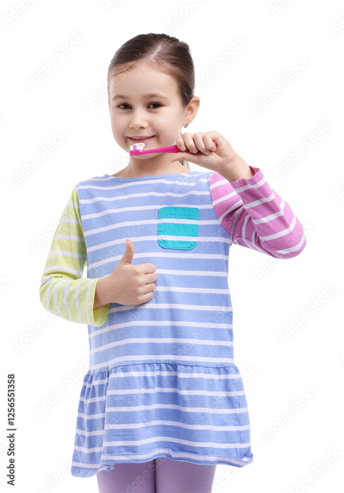 Cute girl brushing her teeth and showing thumbs up on white background Cute girl brushing her teeth and showing thumbs up on white background