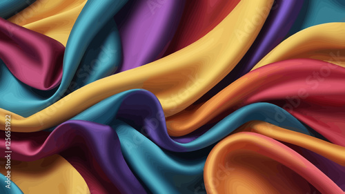 Abstract Satin Swirls: An abstract composition featuring a symphony of vibrant satin fabric in rich hues of red, orange, yellow, green, blue, and purple.