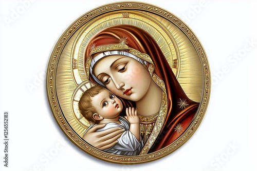 Gold and red image of a woman holding a baby photo