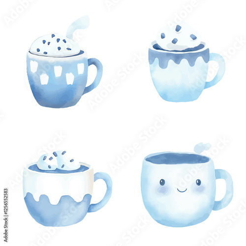 Hot cocoa mug watercolor set hand drawn