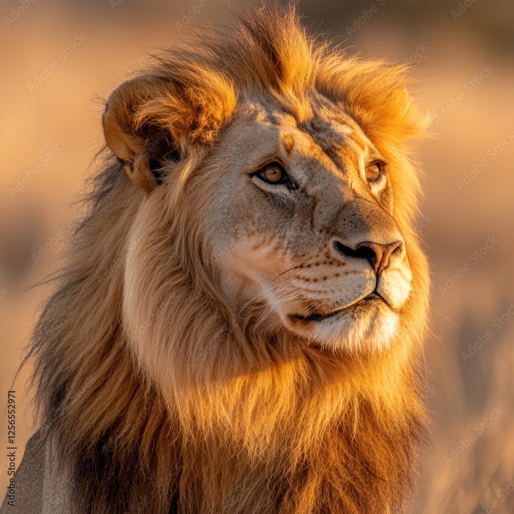 Fototapeta premium Majestic lion portrait with glowing golden mane in warm sunset light, perfect for adding your message. Generative AI