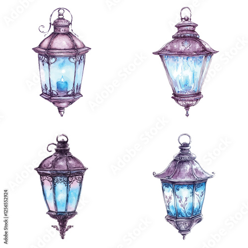 lantern set watercolor hand drawn
