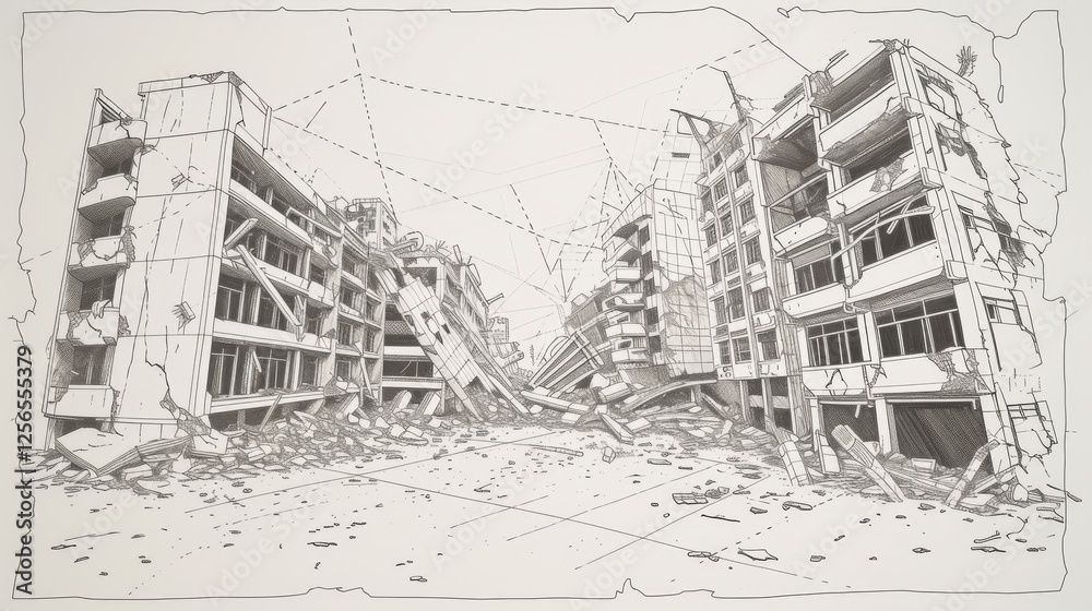 A detailed black-and-white sketch depicting collapsed buildings in a disaster zone, highlighting destruction and urban decay. Perfect for architectural and disaster-themed projects. AI generated.