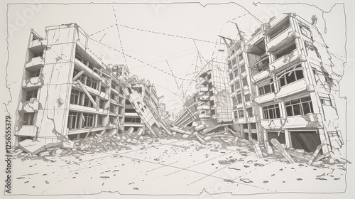 Obraz na płótnie A detailed black-and-white sketch depicting collapsed buildings in a disaster zone, highlighting destruction and urban decay. Perfect for architectural and disaster-themed projects. AI generated. w salonie