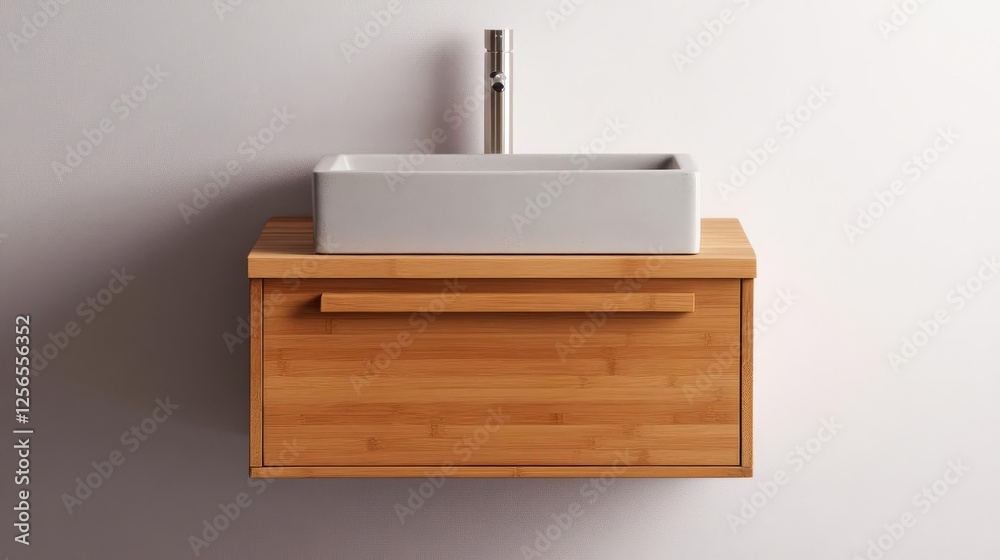 Bamboo floating vanity with a ceramic vessel sink and sustainable design Bamboo floating vanity with a ceramic vessel sink and sustainable design