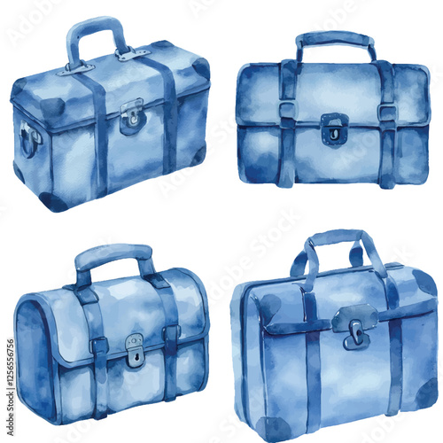 Old suitcase watercolor hand drawn set collection