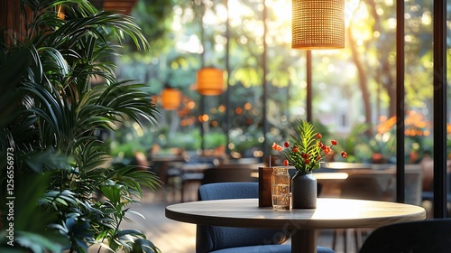 Sunlit patio cafe, plants, tables, chairs, garden background; restaurant promotion