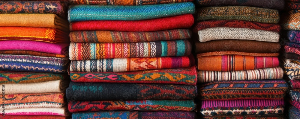 Colorful stacked textiles displaying vibrant patterns and intricate designs Colorful stacked textiles displaying vibrant patterns and intricate designs