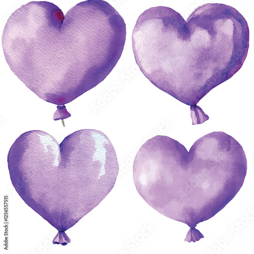 Pink heart shaped balloon watercolor hand drawn set collection