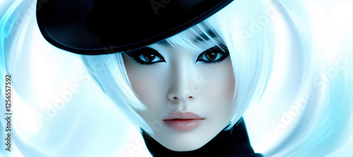 A portrait of a young Asian fashion model with white hair, a black hat, and bold makeup, set against a flowing abstract background. Avant-garde beauty and high-fashion concept.