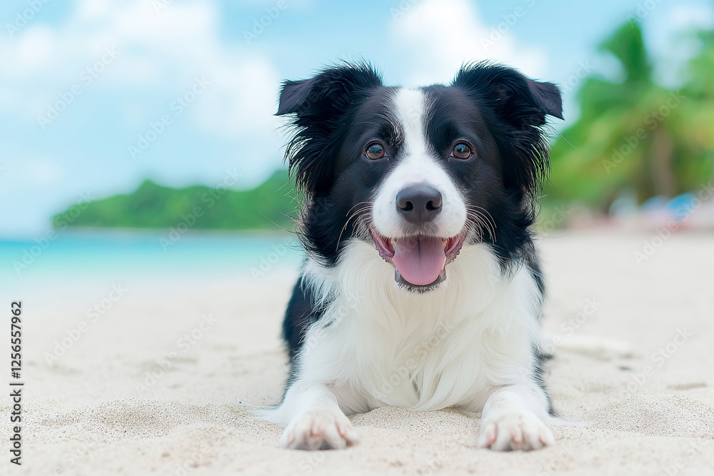Fototapeta premium Collie beach dog happy on sand with border ocean sunshine during vacation in tropical relaxation