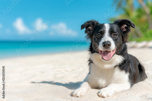 Border Collie dog smiling on a tropical beach with sand, sun, and ocean waves.
