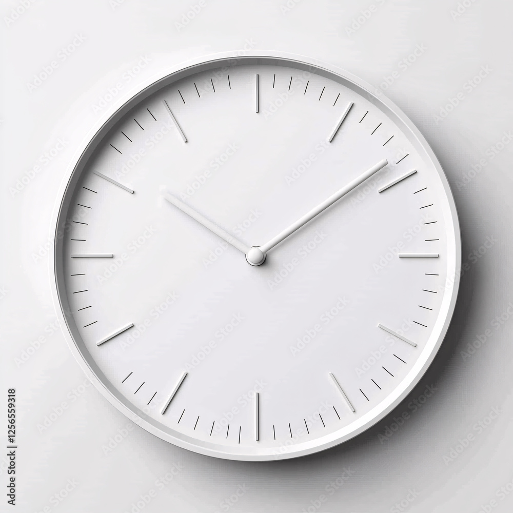 Simple, all-white clock with minimalist hour markers and hands, casting a soft shadow on a light background. Simple, all-white clock with minimalist hour markers and hands, casting a soft shadow on a light background.