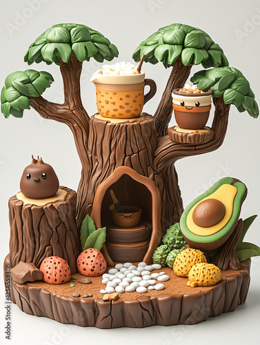 Stylized tree stump with cartoon food characters and ingredients, creating a whimsical diorama.