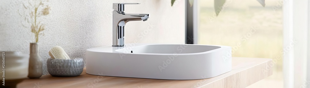 Floating vanity with a motion-sensor faucet and automated water temperature control Floating vanity with a motion-sensor faucet and automated water temperature control