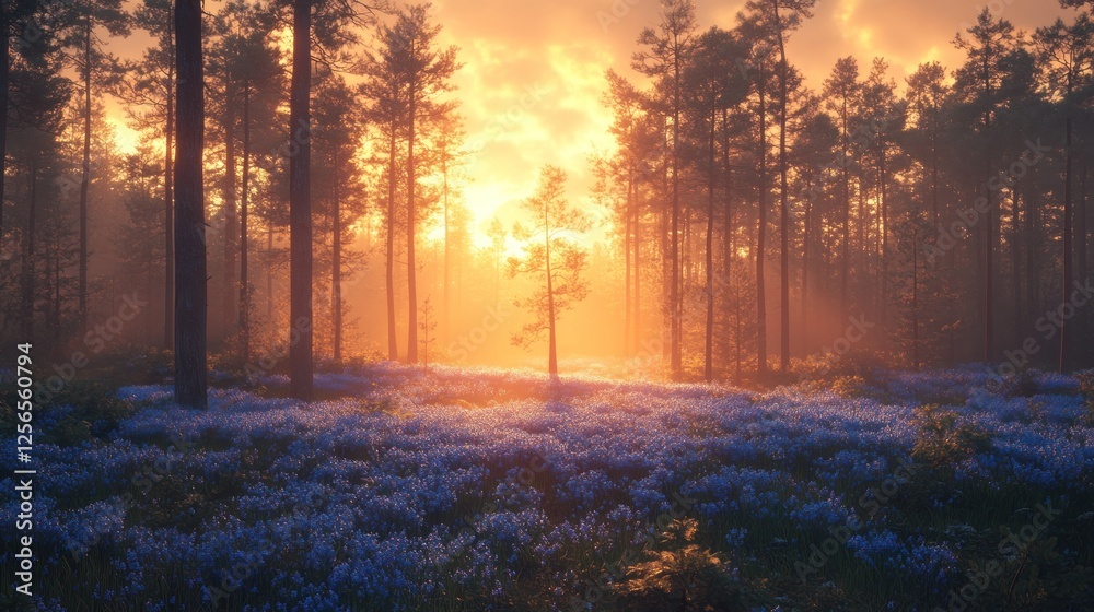 Naklejka premium Serene sunset illuminating a forest meadow filled with blue flowers, creating a tranquil atmosphere