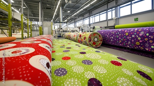 Colorful fabric rolls in modern factory