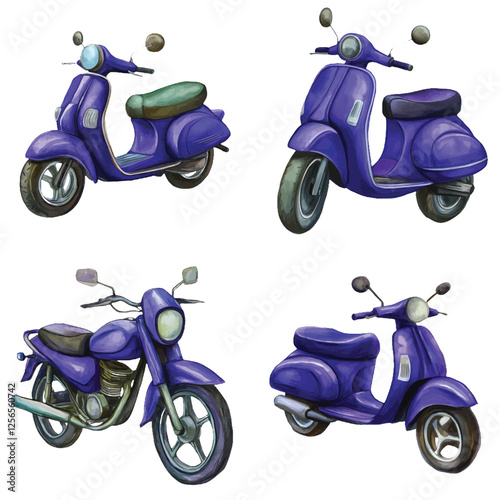 Red motorbike watercolor set hand drawn