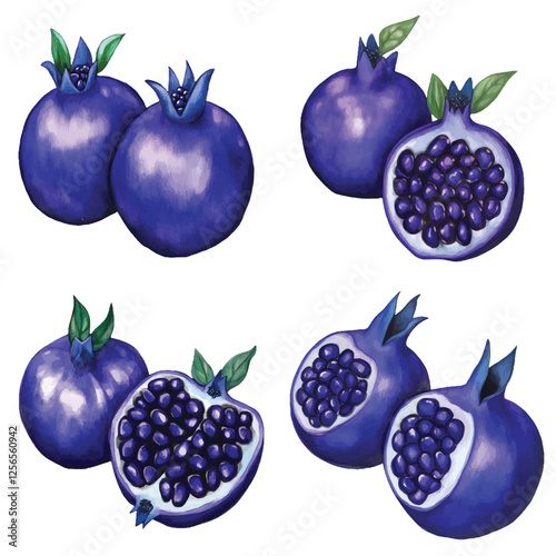 Red pomegranate seeds watercolor set hand drawn