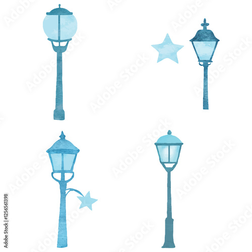 Street lamp watercolor hand drawn set collection