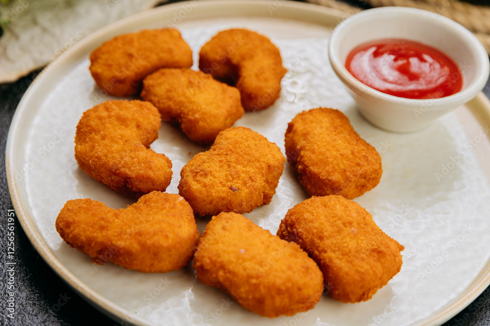 Crispy chicken nuggets with ketchup on plate with fresh ingredients in stylish food presentation Crispy chicken nuggets with ketchup on plate with fresh ingredients in stylish food presentation