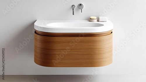 Floating vanity with a curved wood frame, maximizing space and function