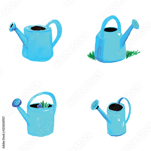 Watering can watercolor set hand drawn