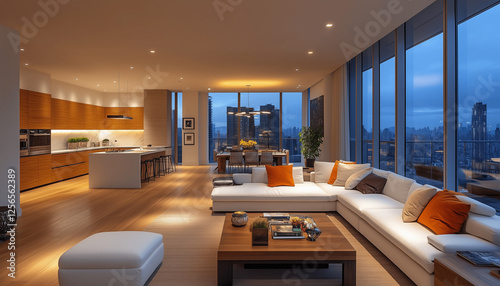Modern living room with a sofa and coffee table, a dining area in the background, a kitchen with wooden cabinets, floor-to-ceiling windows overlooking a city view, beige walls, white and orange accent