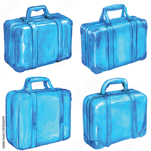 Yellow suitcase watercolor hand drawn set collection