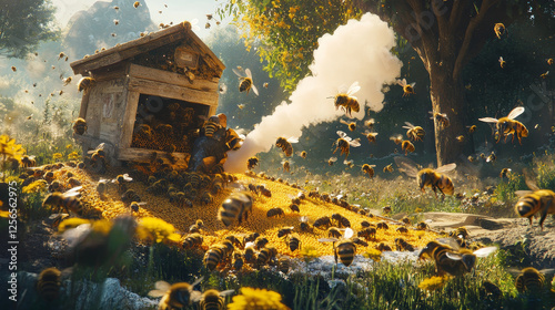Beekeeping apiary and beekeeper man with bee smoker in bees swarm for honey gathering. Vector flat design of beekeeping farm landscape and hiver or apiarist smoking hive