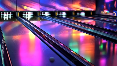 Colorful bowling alley with vibrant lights reflecting on polished lanes at night