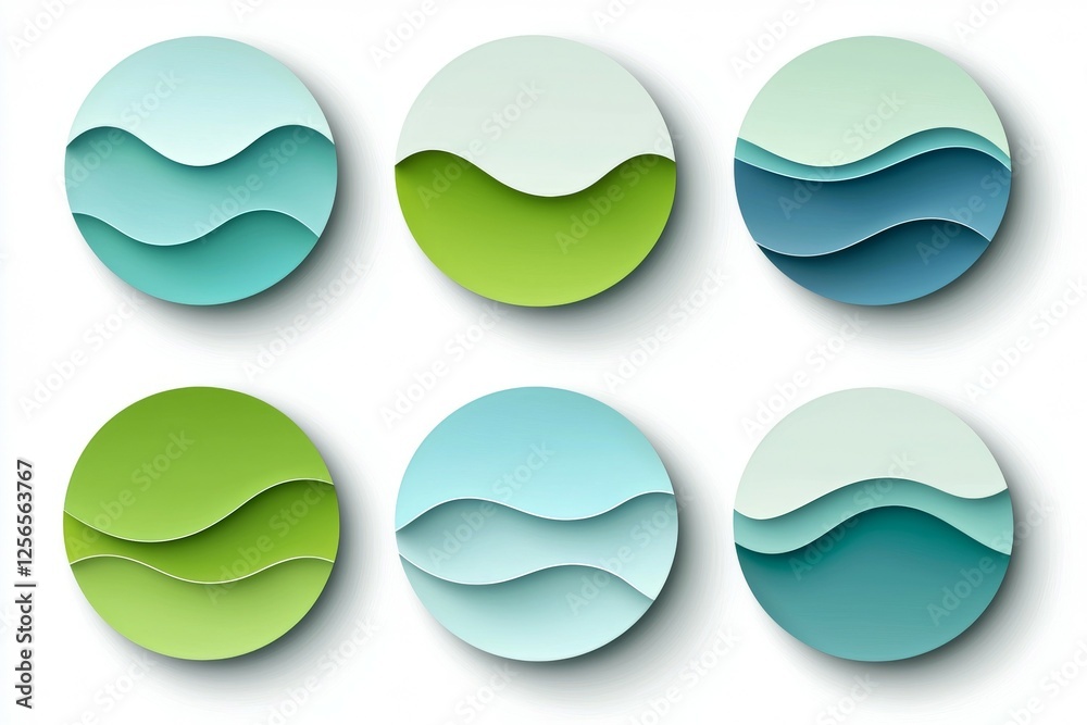 Series of six different colored circles, each with a wavy green Series of six different colored circles, each with a wavy green