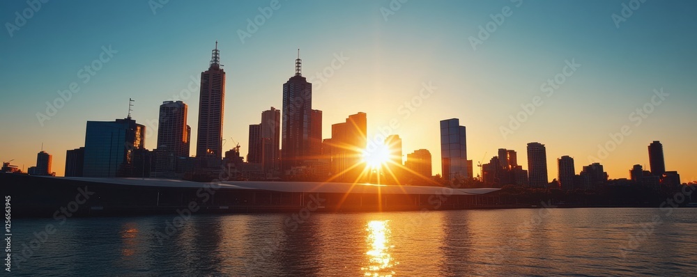 Obraz premium Sunset over melbourne skyline reflecting on yarra river in vibrant evening