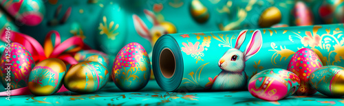Ornate red and mint green Easter eggs with gold embossing, elegantly arranged alongside luxury mint green and gold wrapping paper featuring printed Easter bunnies. Festive holiday and luxury decoratio