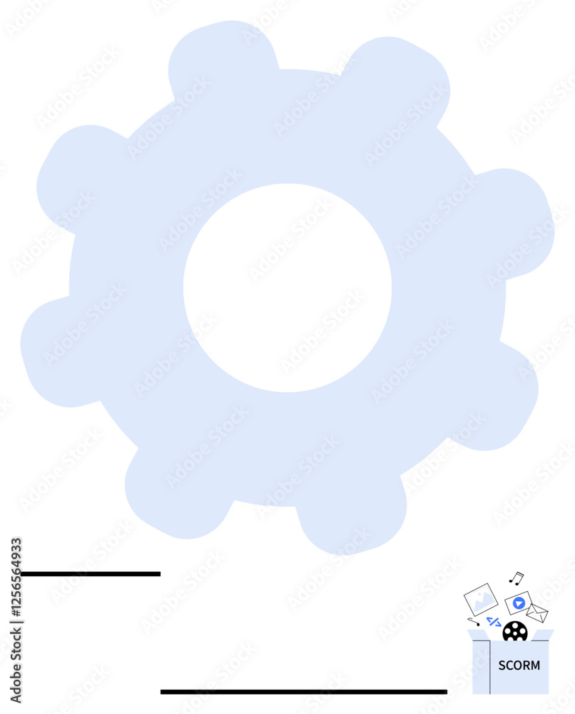 Large gear with SCORM-related visual elements, scattered digital icons and documents. Ideal for e-learning, automation, workflow integration, digital tools, software processes, education frameworks Large gear with SCORM-related visual elements, scattered digital icons and documents. Ideal for e-learning, automation, workflow integration, digital tools, software processes, education frameworks