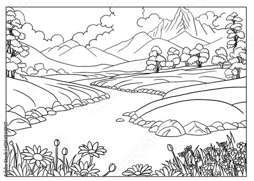 Black And White Landscape of Mountains and River. Depicted in black and white for creative purposes or coloring activities.
