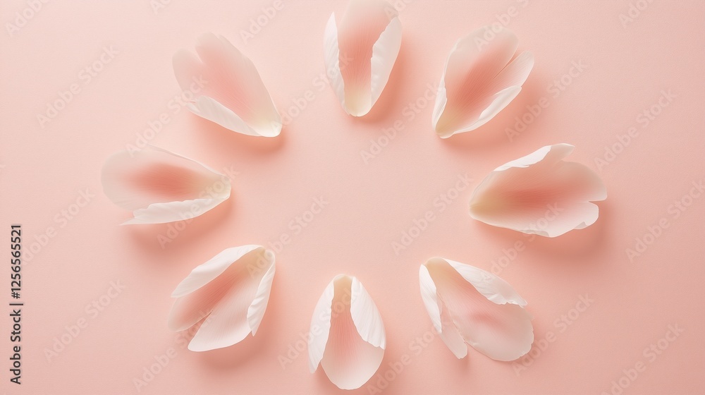 Delicate Petals on Pink: A circle of soft, translucent flower petals, reminiscent of a graceful halo, are artfully arranged against a muted pink backdrop. Delicate Petals on Pink: A circle of soft, translucent flower petals, reminiscent of a graceful halo, are artfully arranged against a muted pink backdrop.