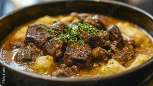 Italian cuisine meals menu. Soup Acquacotta, meat stew with wine sauce and broccoli with garlic oil, Italian coffee, omelette Frittata and chestnut dessert Mont Blanc, leftover lasagna, Soffritto stew photo