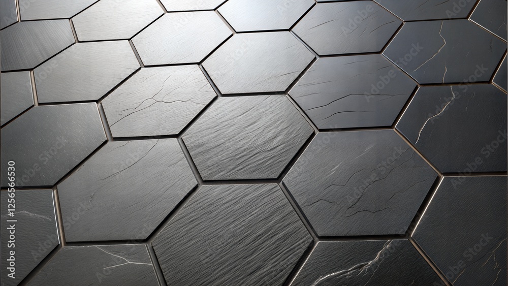 Textured hexagonal tiles on a dark floor surface for interior design inspiration Textured hexagonal tiles on a dark floor surface for interior design inspiration