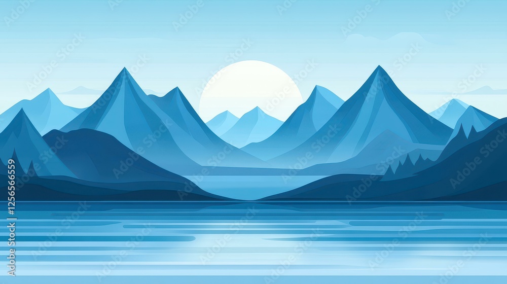 Fototapeta premium A vibrant seamless background featuring mountains and sparkling blue water in a modern, cartoonstyle vector design.