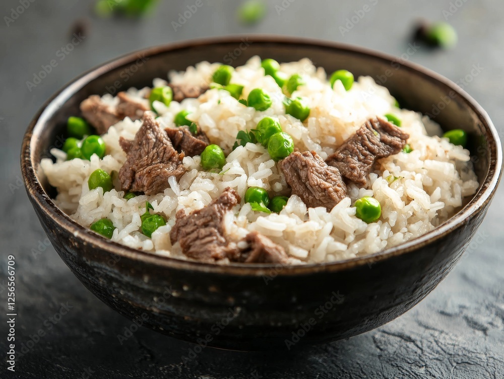 Cooked rice with beef and green peas in a bowl. Steamed white rice mixed with beef and green peas in a ceramic bowl. Emphasizing savory and nutritious meal. Ideal for food blogs and family dinners. Cooked rice with beef and green peas in a bowl. Steamed white rice mixed with beef and green peas in a ceramic bowl. Emphasizing savory and nutritious meal. Ideal for food blogs and family dinners.