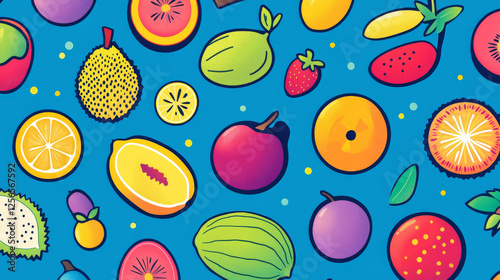 Exotic fruits and berries vector icons of tropical persimmon, cantaloupe and durian, marang, date and kiwano, cupuassu, granadilla and star apple, kuruba, jujube and chambakka. Vegetarian food design photo