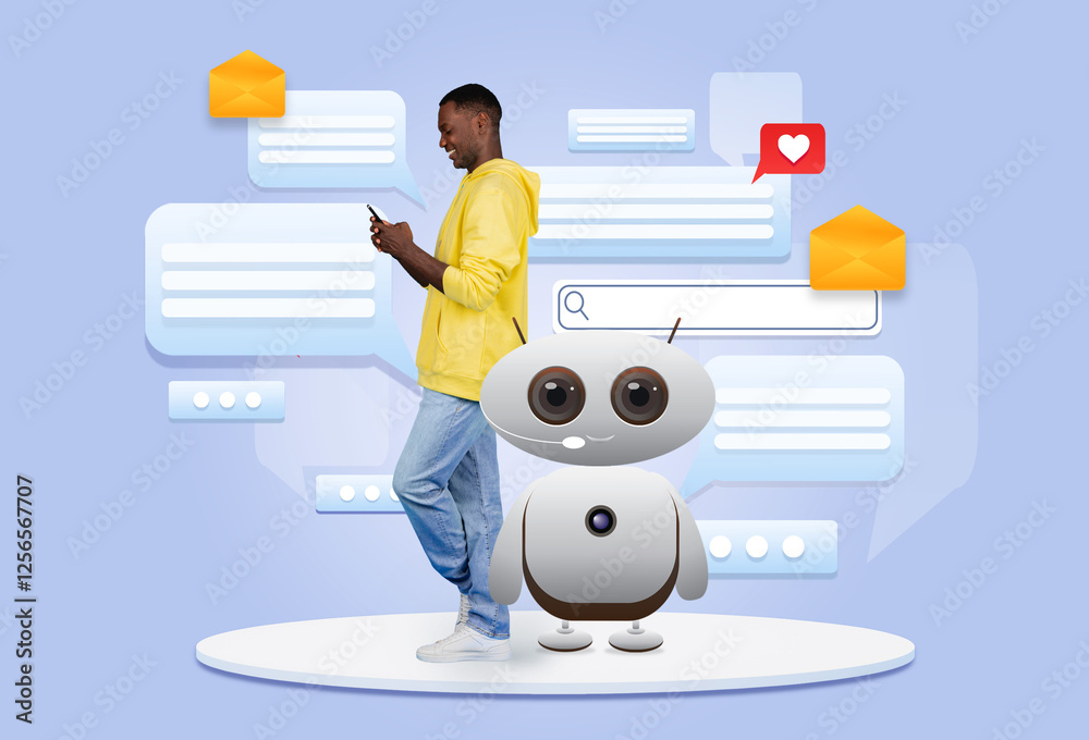 Obraz premium African American guy engages with a smartphone, communicating through a vibrant digital environment featuring a friendly AI assistant. This highlights the intersection of technology and daily life.
