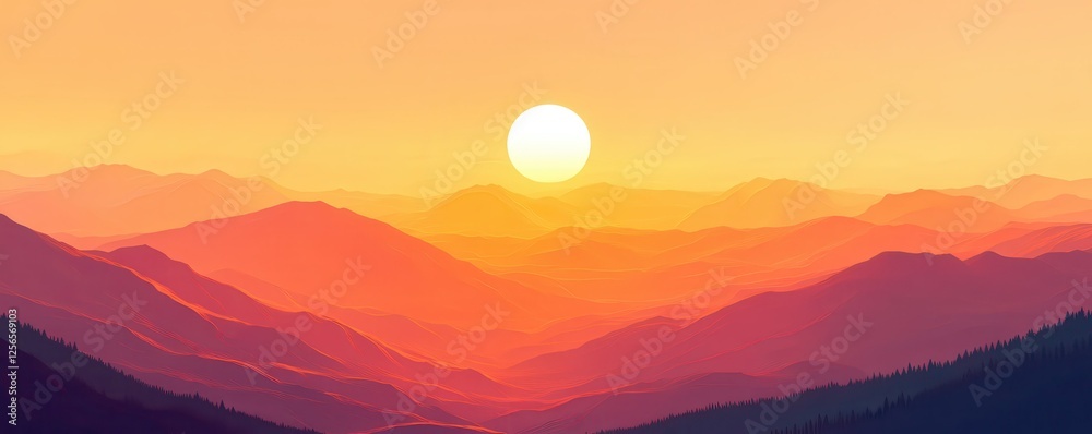 Fototapeta premium Majestic sunset over vibrant mountain range landscape with warm orange and pink hues