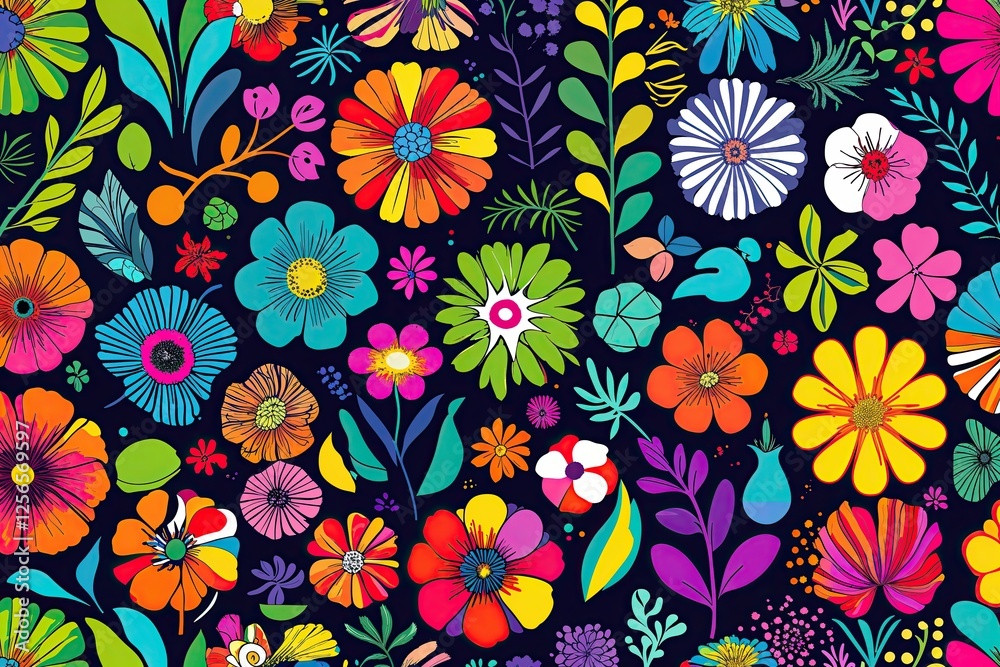 Fototapeta premium Vibrant Funky Pop-Art Seamless Collage of Eclectic Botanical Shapes and Patterns