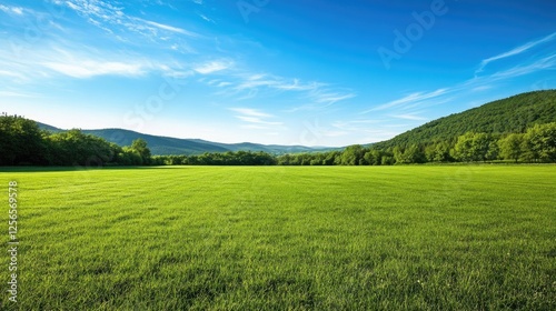 Clear blue sky over a vast grassy field with distant hills.