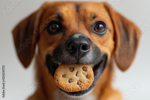 Cute beagle dog with brown eyes and fur holding a cookie snack with its muzzle, adorable pet image