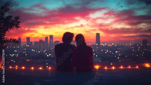 nonbinary couple holds hands and shares quiet moment on rooftop terrace adorned string lights. photo