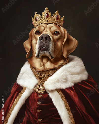 Majestic Labrador dog in crown and royal costume portrait showcasing regal nobility