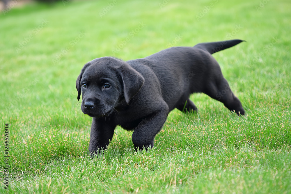 Playful Labrador puppy exploring the grass with a happy and cute expression outdoors Playful Labrador puppy exploring the grass with a happy and cute expression outdoors